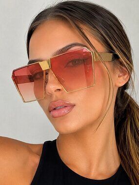 Oversized Shield Sunglasses Pink Gradient Lens Gold Frame Luxury Style